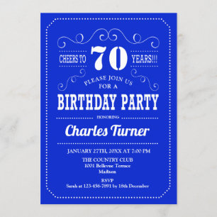 70th Birthday Party - Royal Blue White Invitation