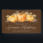 70th Birthday Party Rustic Boho Fall Pumpkin  Banner<br><div class="desc">Elegant watercolor orange pumpkins are nestled in a variety of fall foliage and flowers. A dark,  rich brown background frames it to perfection. Perfect for an autumn celebration. All text is editable.</div>