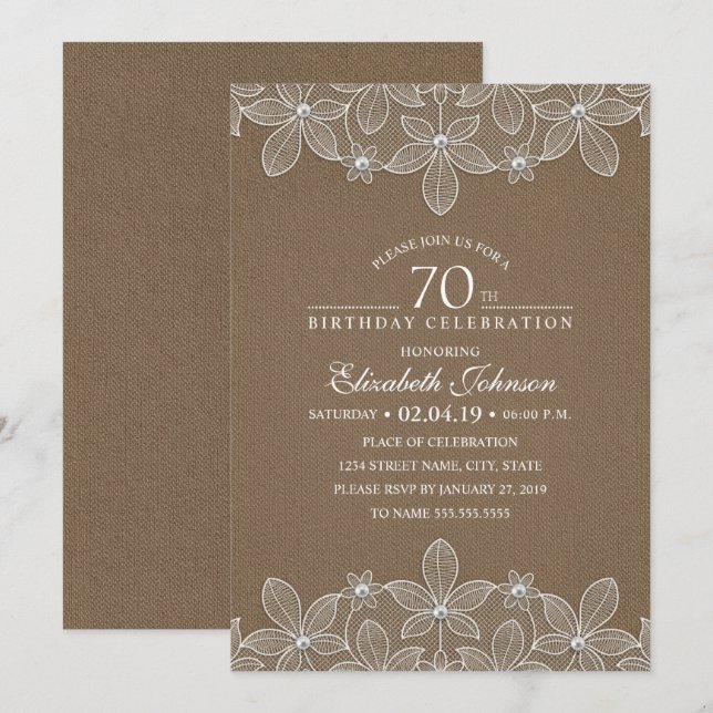 70th Birthday Party Rustic Burlap Pearls and Lace Invitation (Front/Back)