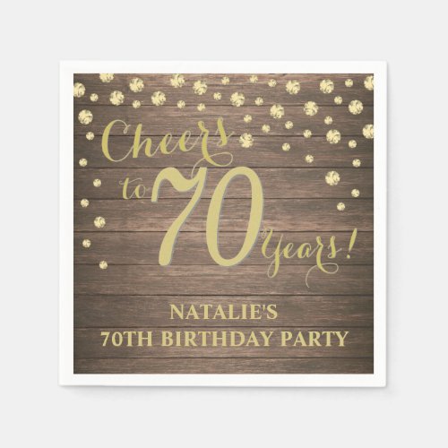 70th Birthday Party Rustic Wood and Gold Diamond Napkins