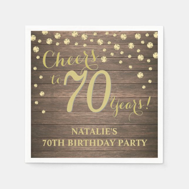 70th Birthday Party Rustic Wood and Gold Diamond Napkins (Front)