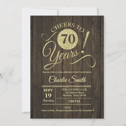 70th Birthday Party _ Rustic Wood Gold Invitation