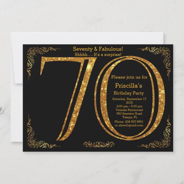 70th, Birthday party, Seventy, Gatsby, black gold Invitation (Front)
