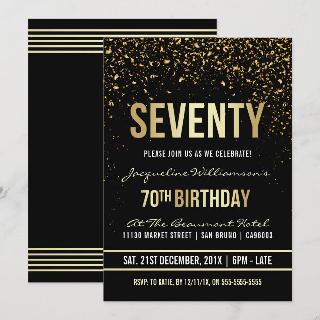 70th Birthday Party | Shimmering Gold Confetti Invitation (Front/Back)
