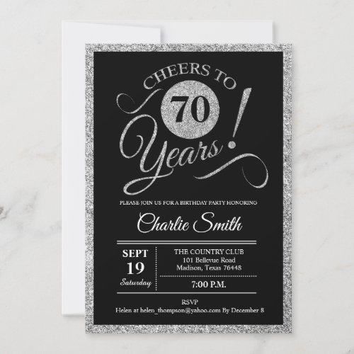 70th Birthday Party _ Silver Black ANY AGE Invitation