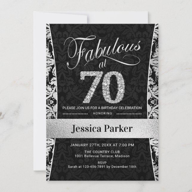 70th Birthday Party - Silver Black Invitation (Front)