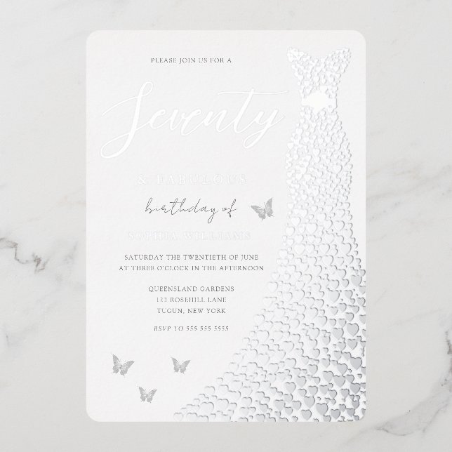 70th Birthday Party Silver Foil Heart Dress Real Foil Invitation (Front)