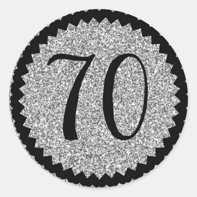 70th Birthday Party Silver Glitter Classic Round Sticker (Front)