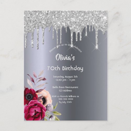 70th birthday party Silver glitter drip invitation