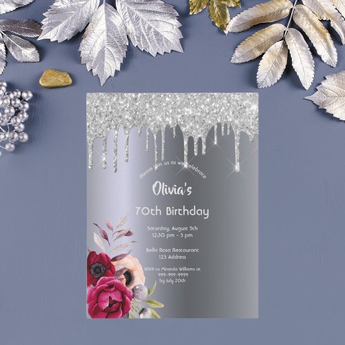 70th birthday party Silver glitter drip invitation Postcard