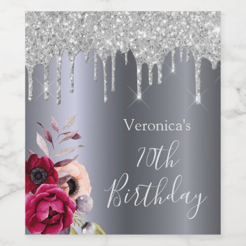 70th birthday party silver glitter drips floral wine label