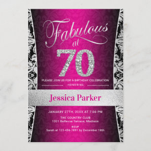 70th Birthday Party - Silver Pink Black Invitation