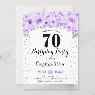 70th Birthday Party - Silver Purple Flowers Invitation