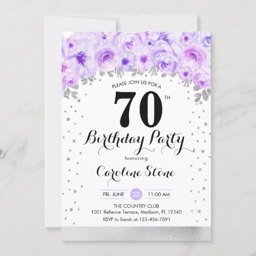 70th Birthday Party _ Silver Purple Flowers Invitation