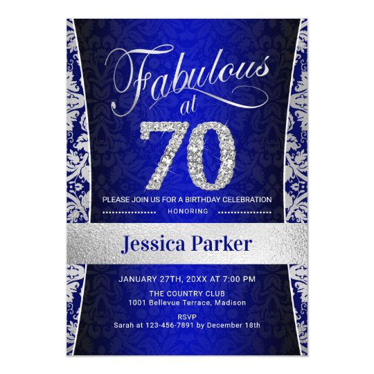 70th Birthday Party Silver Royal Blue Invitation