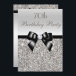 70th Birthday Party Silver Sequins Black Bow Invitation<br><div class="desc">Woman's 70th birthday party invitations. Elegant custom silver seventieth / seventy years old Birthday Party invitations for women with a pretty silver printed sequins pattern, a cute black bow and ribbon image and printed diamond bling jewel. These contemporary, sophisticated, classy, stylish, feminine, glamorous personalized invites are decorated on both sides....</div>