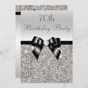 70th Birthday Party Silver Sequins Black Bow Invitation