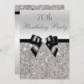 70th Birthday Party Silver Sequins Black Bow Invitation by AJ_Graphics at Zazzle