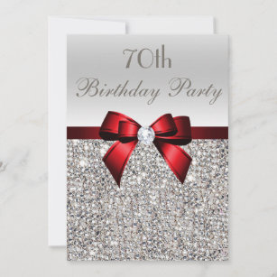 70th Birthday Party Silver Sequins Red Bow Invitation