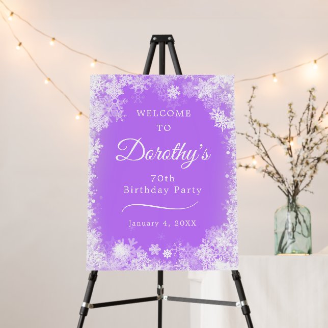 70th Birthday Party Snowflake Purple Welcome Foam Board (In Situ (Stand))