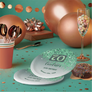70th Birthday Party Sparkle Green Glitter Paper Plates