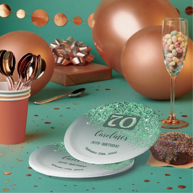 70th Birthday Party Sparkle Green Glitter Paper Plates (Multi)