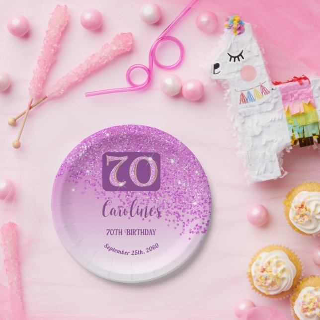 70th Birthday Party Sparkle Pink Glitter Paper Plates (Party)