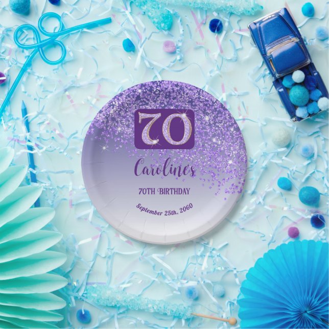 70th Birthday Party Sparkle Purple Glitter Paper Plates (Party)