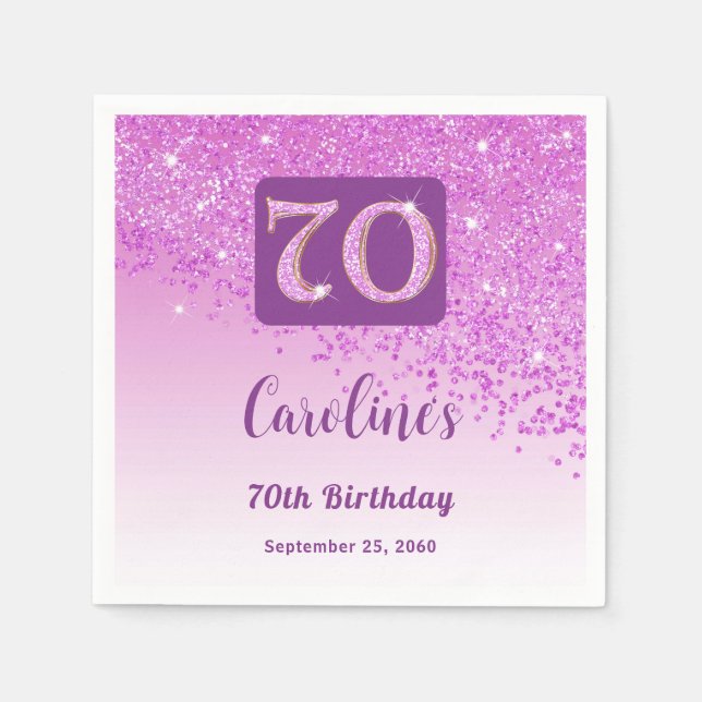 70th Birthday Party Sparkling Pink Glitter Napkins (Front)