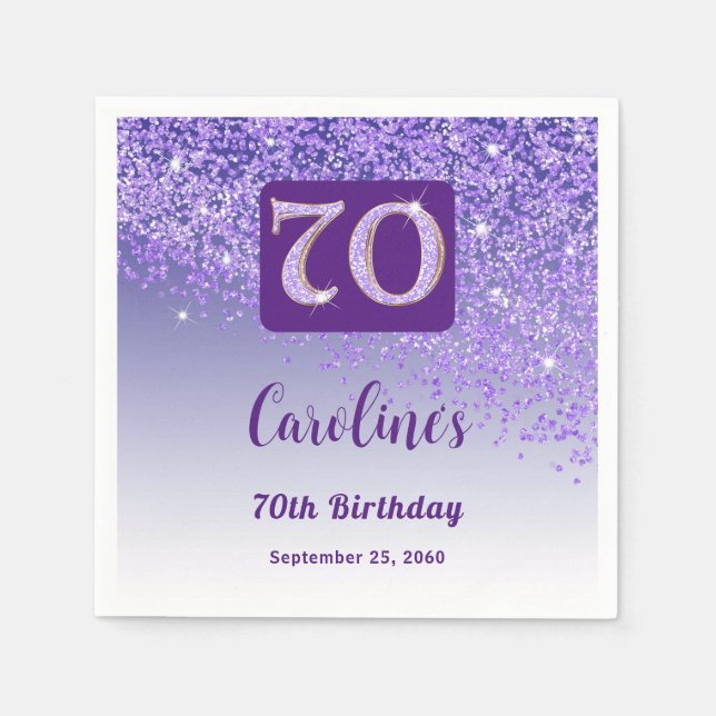 70th Birthday Party Sparkling Purple Glitter Napkins (Front)