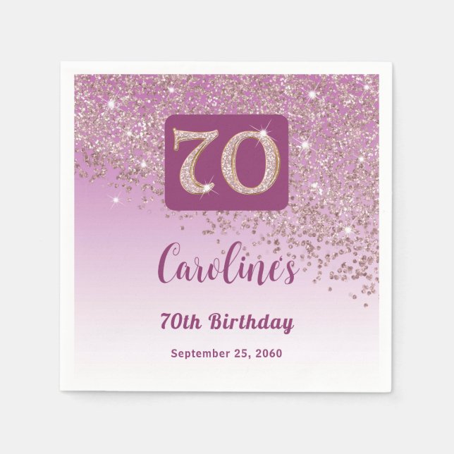 70th Birthday Party Sparkling Rose Gold Glitter Napkins (Front)