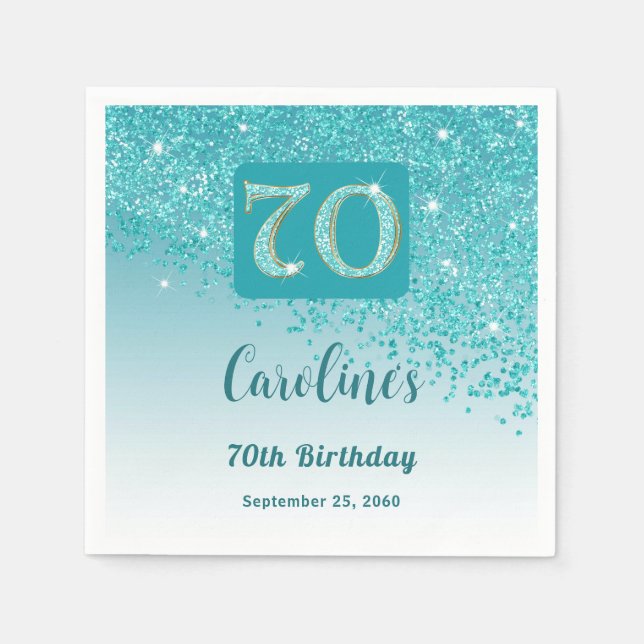 70th Birthday Party Sparkling Teal Blue Glitter Napkins (Front)