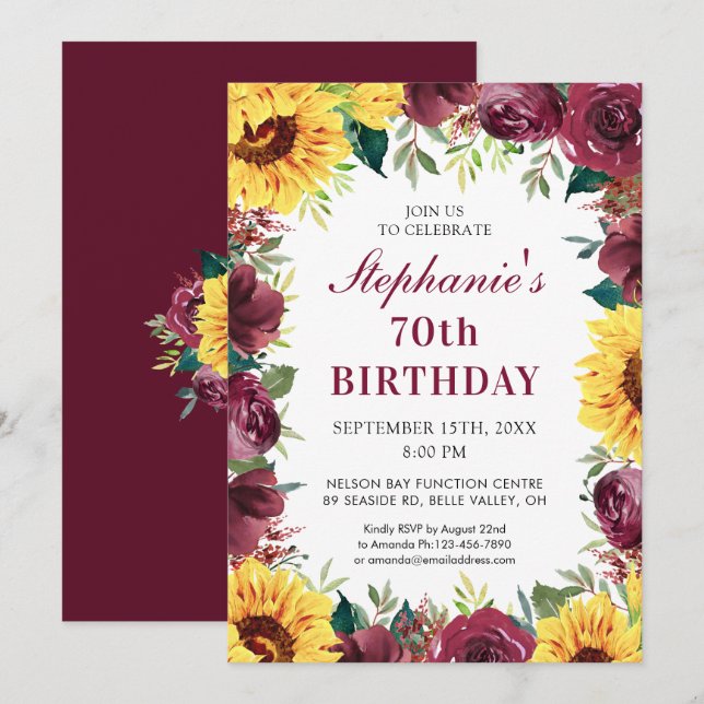 70th Birthday Party Sunflower Burgundy Rose Border Invitation (Front/Back)