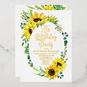 70th Birthday Party Sunflower Eucalyptus Floral Foil Invitation