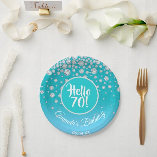 70th birthday party teal blue glitter diamomds paper plates