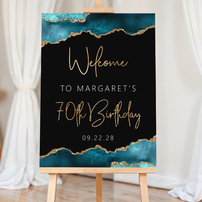 70th Birthday Party Teal Gold Agate Welcome Foam Board (Creator Uploaded)