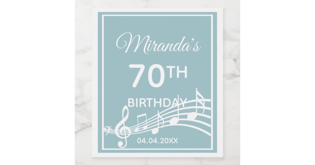 70th birthday party teal light blue music notes wine label | Zazzle.com