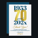 70th Birthday Party Thank You<br><div class="desc">A modern and striking 70th birthday partyythank you card. This special milestone birthday card consists of birth and birthday date in blue typography - with the 70 highlighted in a gold effect font.  Add a message for a custom party gift thank you.</div>