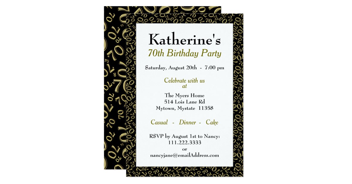 70th Birthday Party Theme Gold And Black Pattern Invitation Zazzle Com