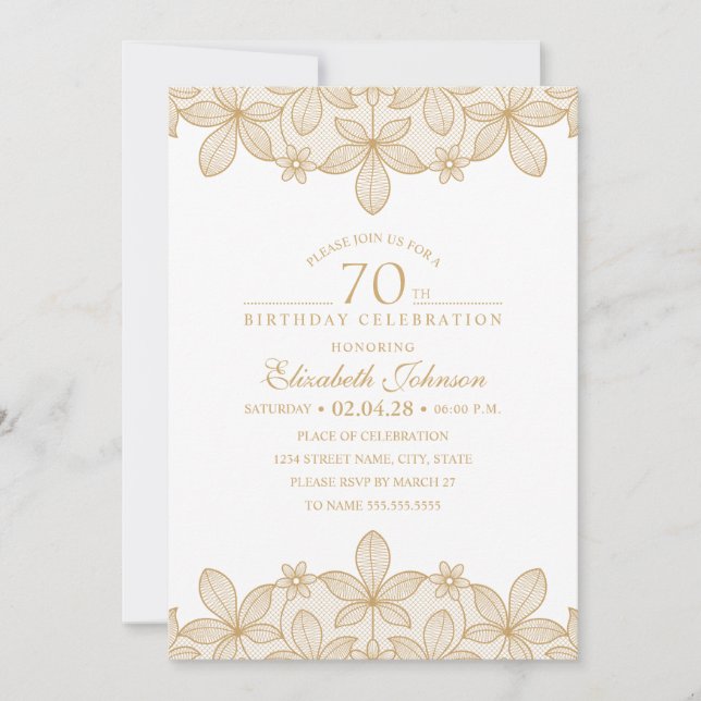 70th Birthday Party Unique Golden Lace Invitation (Front)