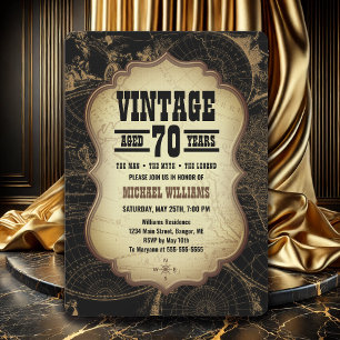 70th Birthday Party Vintage Theme World Map Invitation