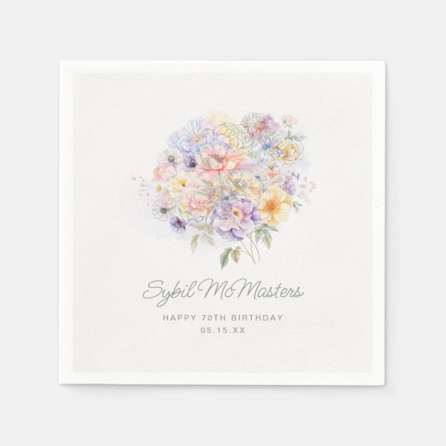 70th Birthday Party Watercolor Floral Custom Napkins (Front)