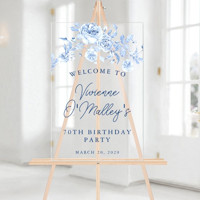 70th Birthday Party Welcome Blue Rose Floral Acrylic Sign (Creator Uploaded)