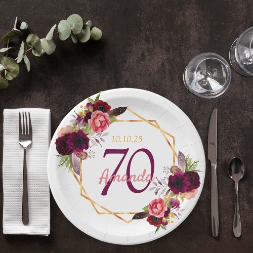 70th birthday party white gold geo floral burgundy paper plates