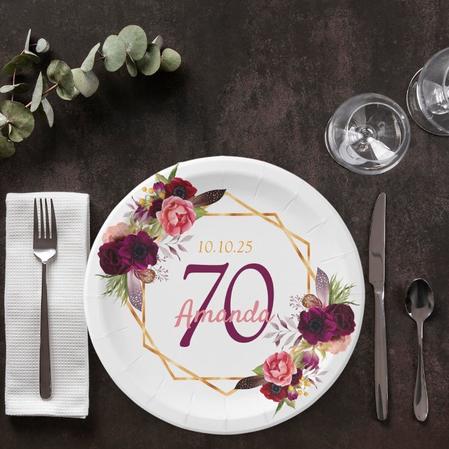 70th birthday party white gold geo floral burgundy paper plates (Creator Uploaded)