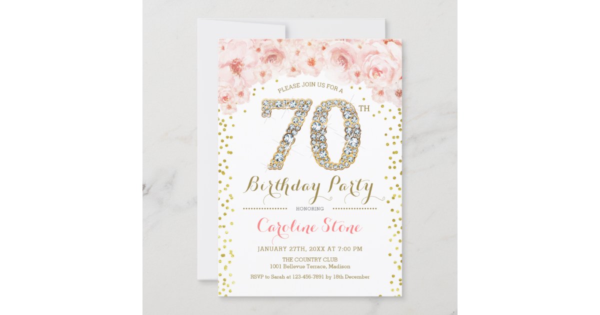 70th Birthday Party - White Gold Pink Invitation | Zazzle