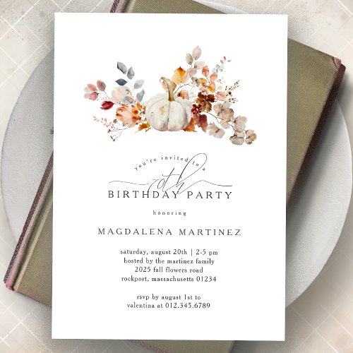 70th Birthday Party White Pumpkin Fall Flowers  Invitation