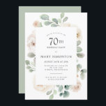 70th Birthday Party White Rose Floral Invitation<br><div class="desc">Honor a special woman with this elegant 70th Birthday party invitation. White roses nestled in soft sage green eucalyptus leaves form a modern botanical frame. All of the text can be edited,  so you can describe your special celebration perfectly</div>