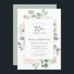 70th Birthday Party White Rose Floral Invitation<br><div class="desc">Honor a special woman with this elegant 70th Birthday party invitation. White roses nestled in soft sage green eucalyptus leaves form a modern botanical frame. All of the text can be edited,  so you can describe your special celebration perfectly</div>