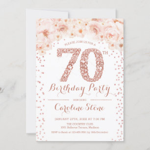 70th Birthday Party - White Rose Gold Invitation